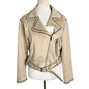 NWT ZARA Women Faux Suede ‎ Beige Asymmetric Rhinestones Moto Jacket XL